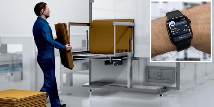 Notification sur Smart watch pour réapprovisionner à temps le magasin machine grâce à SICK Filling Level Monitoring