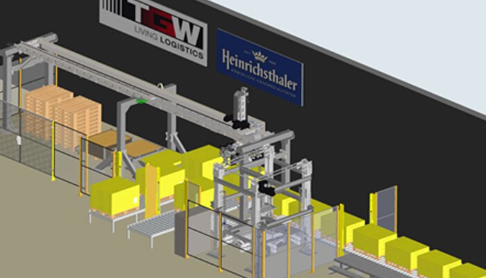 Les robots portiques TGW en action pour le projet du client Heinrichsthaler Milchwerke. Alimentation et évacuation sécurisées des matériaux grâce au système Safe Entry Exit