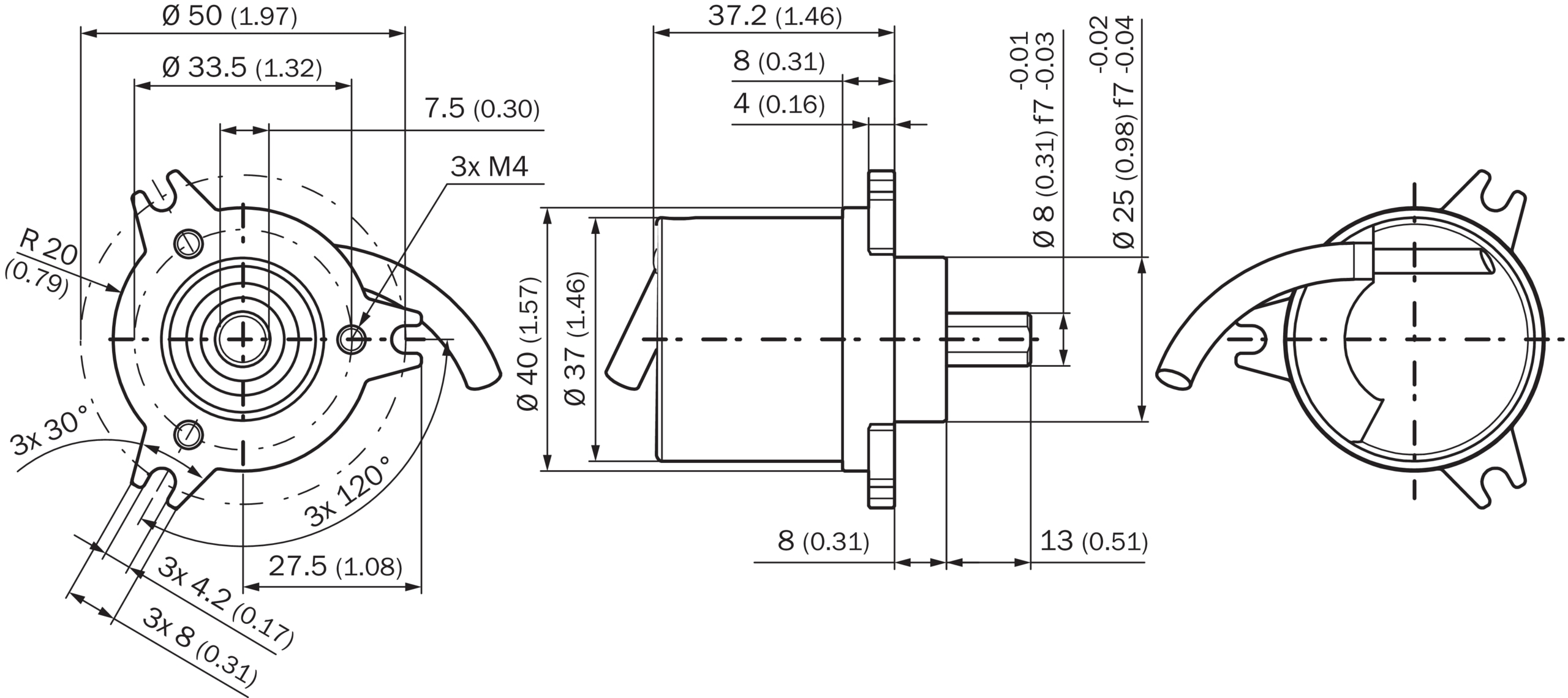 Dimensional drawing Face mount flange 3xM4